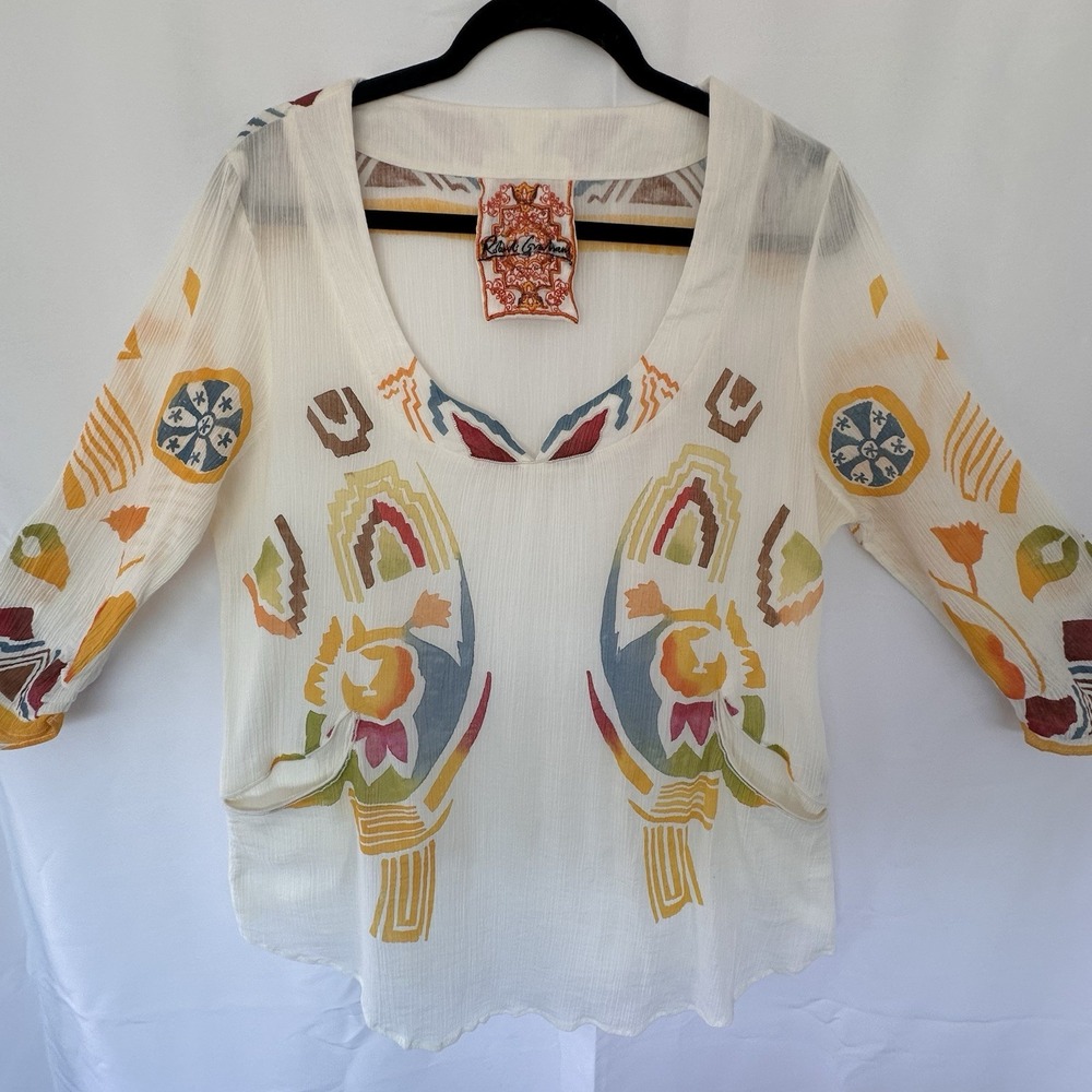 Robert Graham Semi Sheer Tunic Top Size XL Coverup 3/4 Sleeve Beaded Neck Pocket